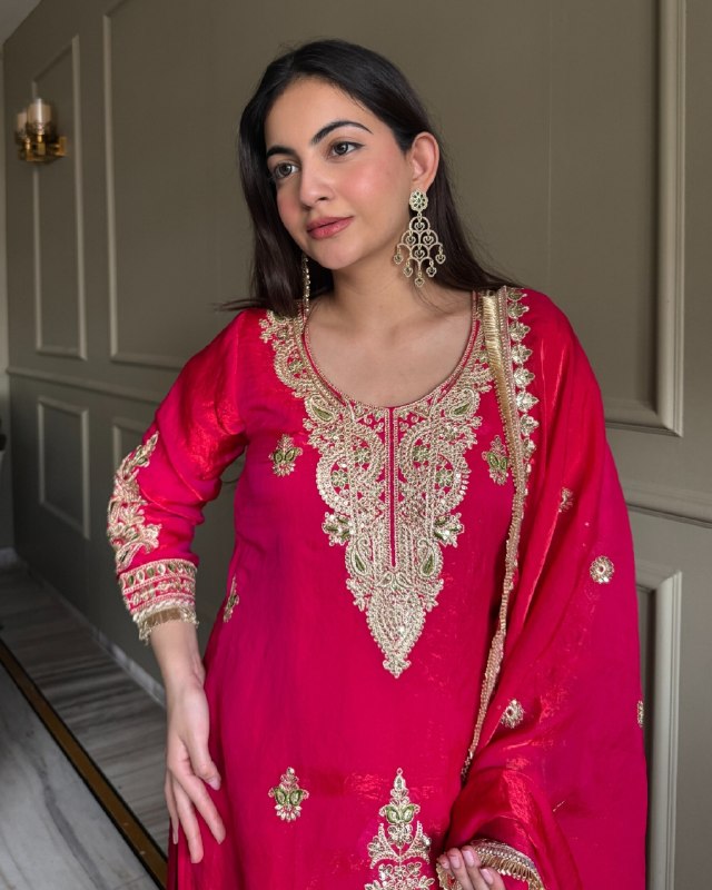 Ready To Wear Red And Blue Simmer Silk Palazo Kurti With Dupatta