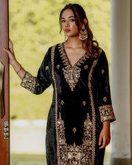 Ready To Wear Black Micro Velvet Embroidery Work Pakistani Suit