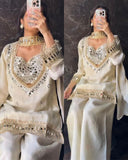 Exclusive White AND Orange Fendy Silk Embroidery Palazo Kurti With Dupatta
