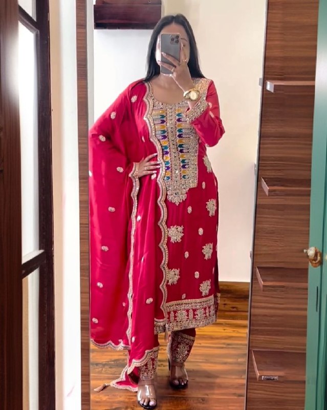 Ready To Wear Red Pure Georgette Embroidery Work Pakistani Suit With Dupatta