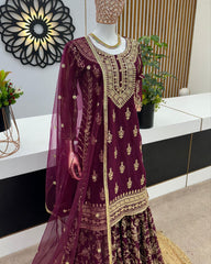 Ready To Wear wine Pure Georgette Embroidery Work Sharara Suit With Dupatta