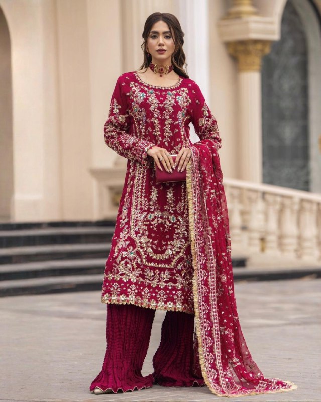 Exclusive Red And Blue Soft Georgette Embroidery Palazo Kurti With Dupatta