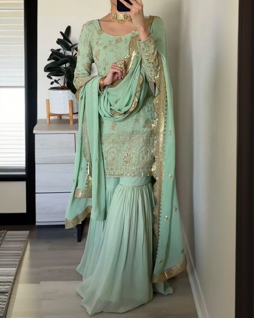 Designer Sea Green Pure Georgette Embroidery Work Gharara Suit With Dupatta