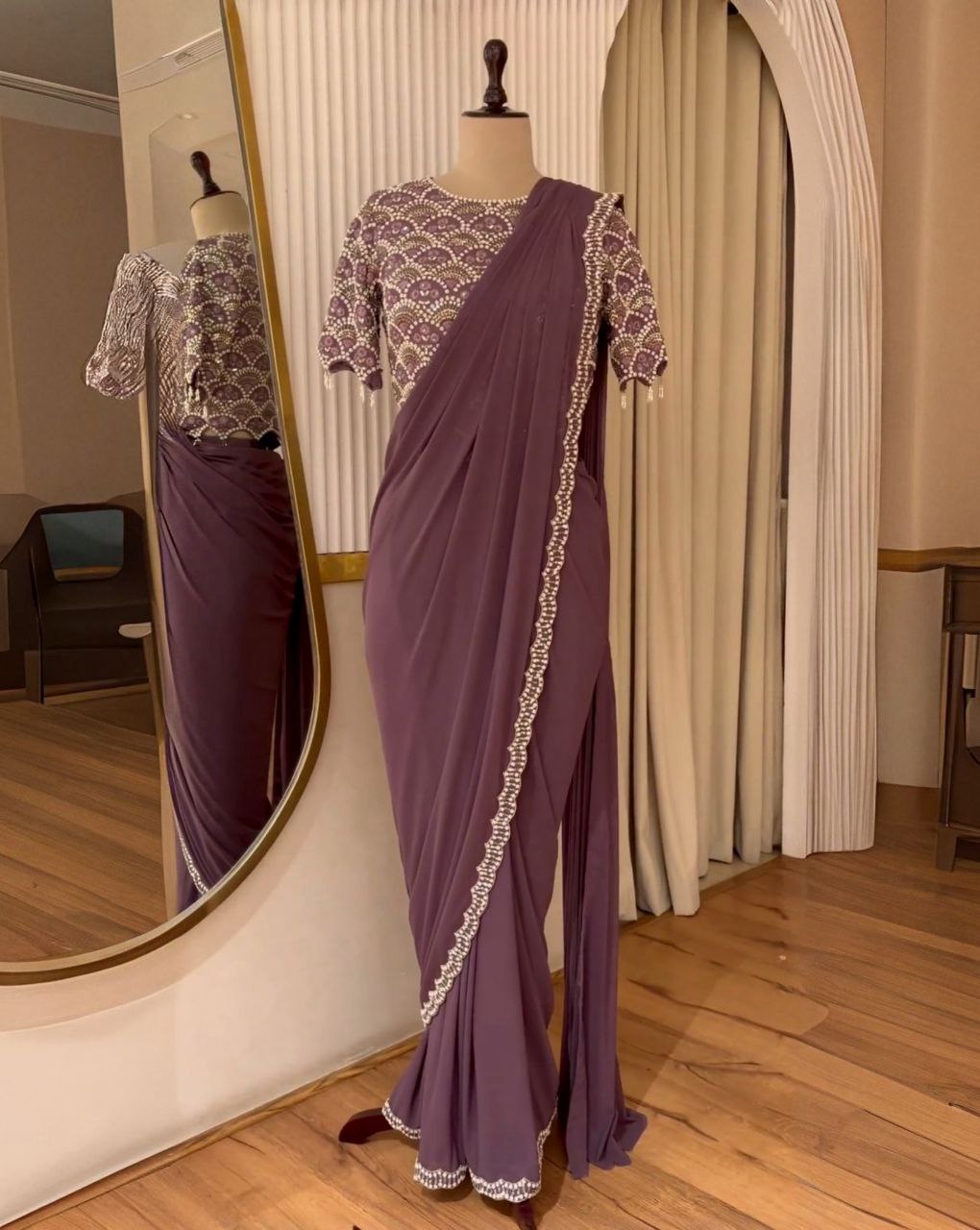 Designer Mauve Pure Georgette Embroidery Work Saree With Blouse