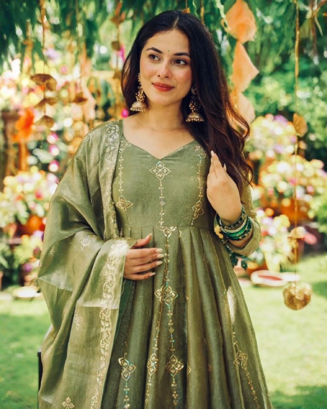Ready To Wear Pink And Green Crunchy Silk Anarkali Palazo With Dupatta