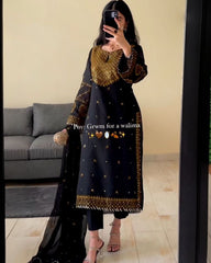 Ready To Wear Black Pure Georgette Embroidery Work Pakistani Suit With Dupatta