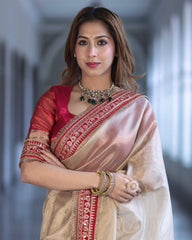 Exclusive Gold Red Soft Net Embroidery Saree With Blouse