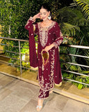 Ready To Wear Maroon Roman Glass Silk Embroidery Kurti Pant With Dupatta