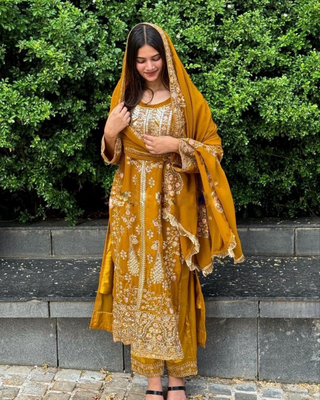 Ready To Wear Mustard Pure Georgette Embroidery Work Pakistani Suit With Dupatta