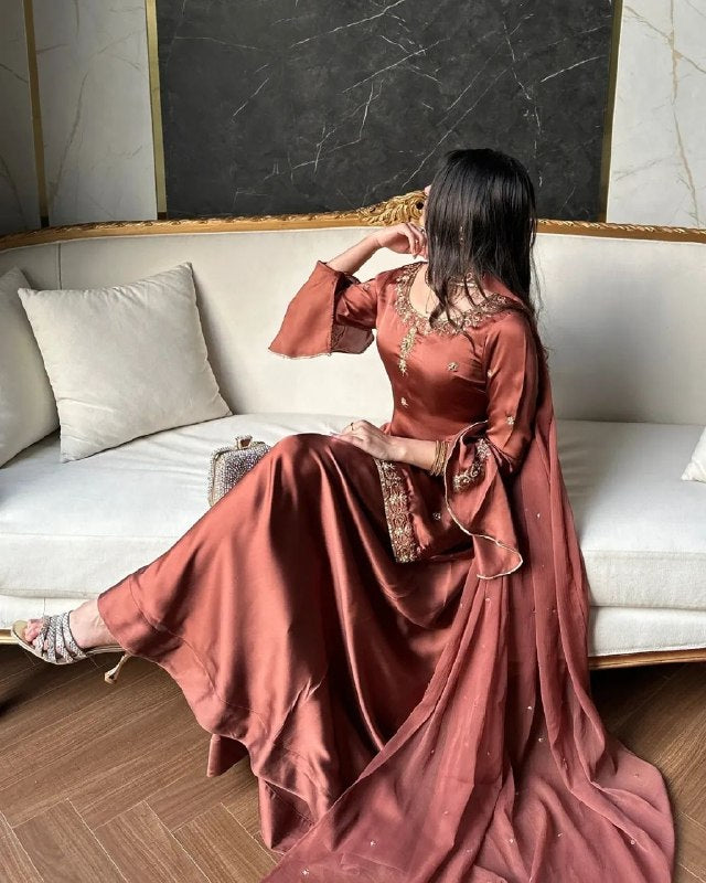 Ready To Wear Rust Brown Natural Crep Silk Palazo Kurti With Dupatta