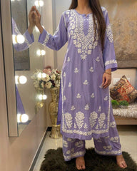 Designer Lilac Faux Georgette Embroidery Work Chikan Kari Suit