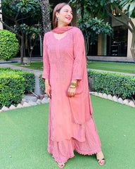 Ready To Wear Blush Pink Faux Georgette Embroidery Work Plazzo Suit With Dupatta