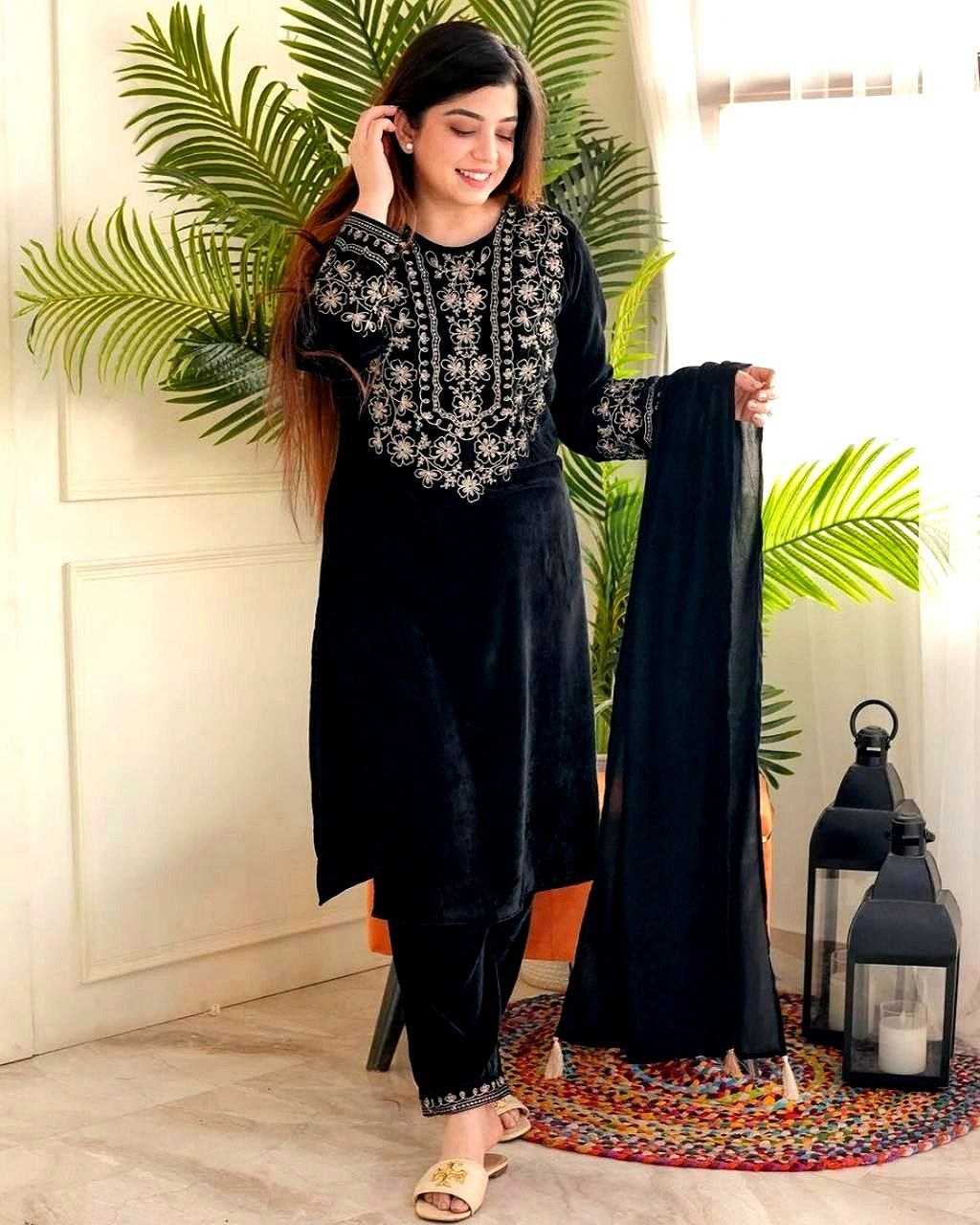 Ready To Wear Black Micro Velvet Embroidery Work Pakistani Suit With Dupatta