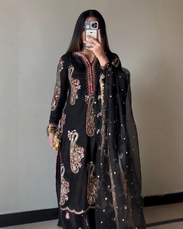 Ready To Wear Black Chinon Silk Embroidery Plazzo Kurti With Dupatta