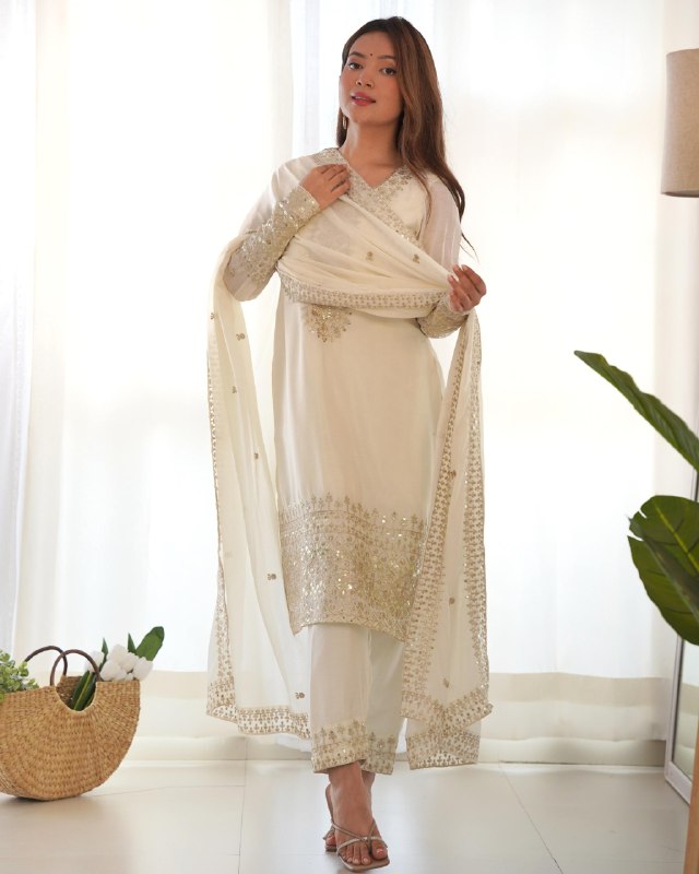 Ready To Wear White Pure Chinon Silk Embroidery Kurti Pant With Dupatta