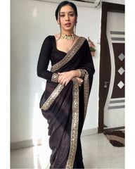 Designer Black Micro Velvet Sequence Work Saree With Blouse