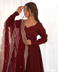 Exclusive Maroon Chanderi Roman Silk Embroidery Anarkali Suit With Dupatta