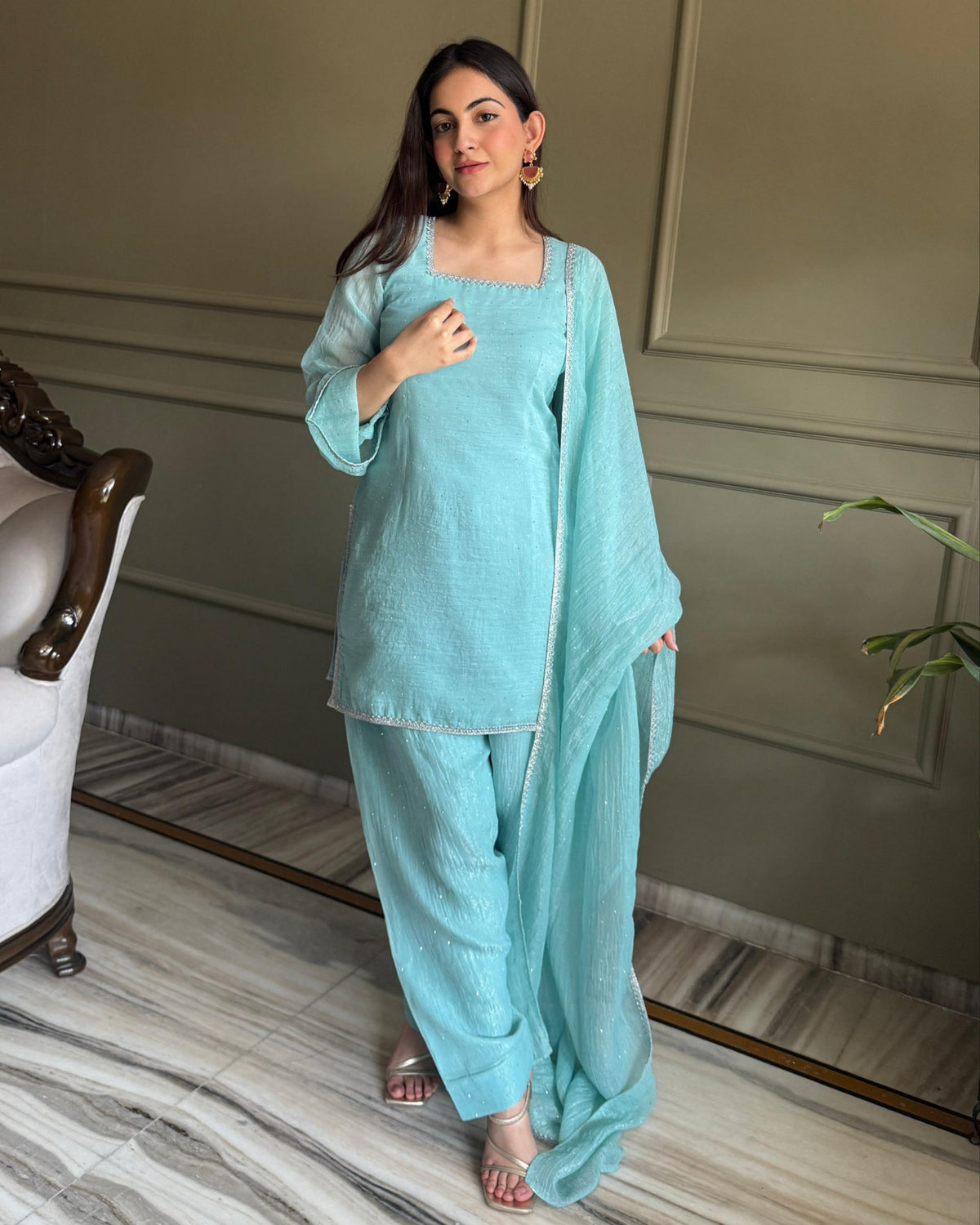 Ready To Wear Sky Blue Crunchy Silk Embroidery Farshi Salwar Suit With Dupatta