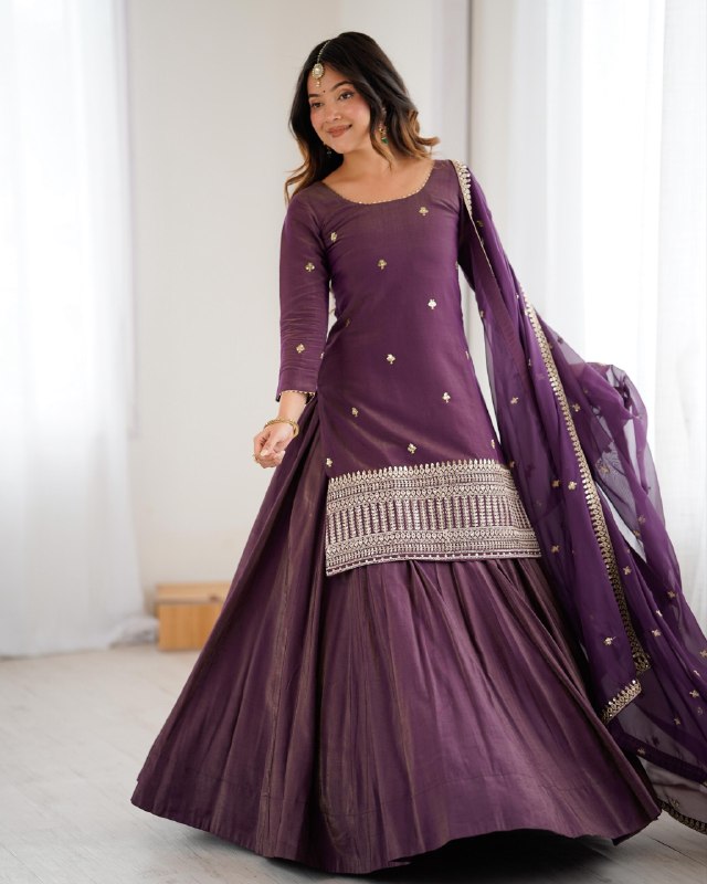 Ready To Wear Purple Pure Roman Shimmer Chanderi Silk Lehenga Kurti With Dupatta