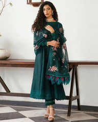 Ready To Wear Dark Green Faux Georgette Fancy Embroidery Work Anarkali Suit With Dupatta