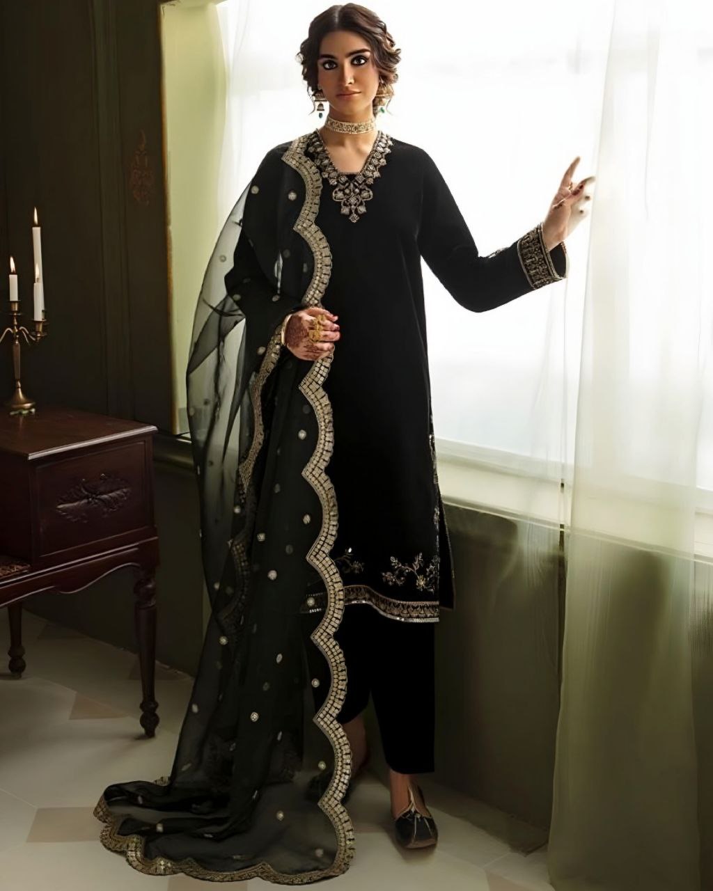 Ready To Wear Black Micro Velvet Embroidery Work Pakistani Suit With Dupatta