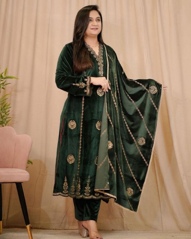 Ready To Wear Bottel Green Micro Velvet Embroidery Work Pant Suit With Dupatta