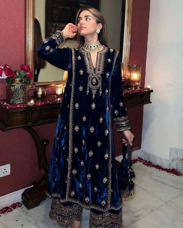 Ready To Wear Neavy Blue Heavy Velvet Embroidery Work Plazzo Suit With Dupatta