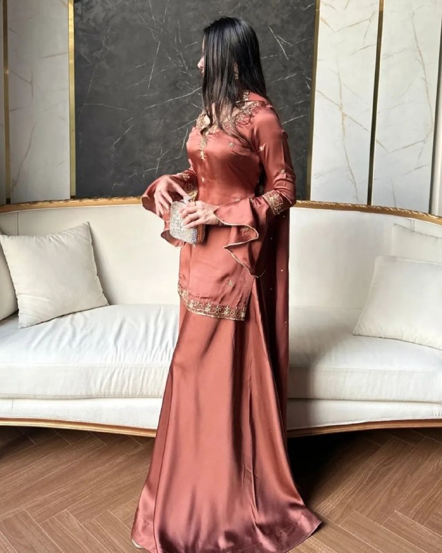 Ready To Wear Rust Brown Natural Crep Silk Palazo Kurti With Dupatta