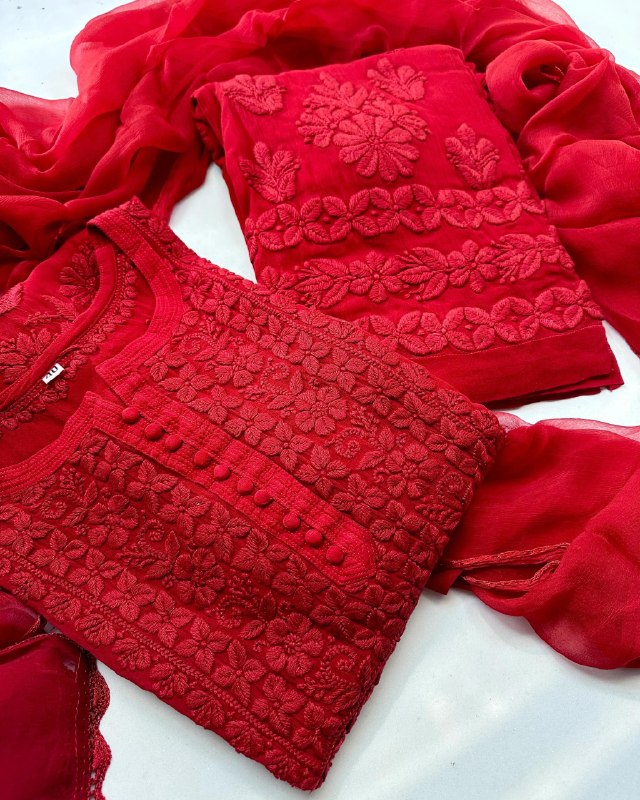 Ready To Wear Red Black Green Blue Purple Chikankari Kurti Palazo With Dupatta