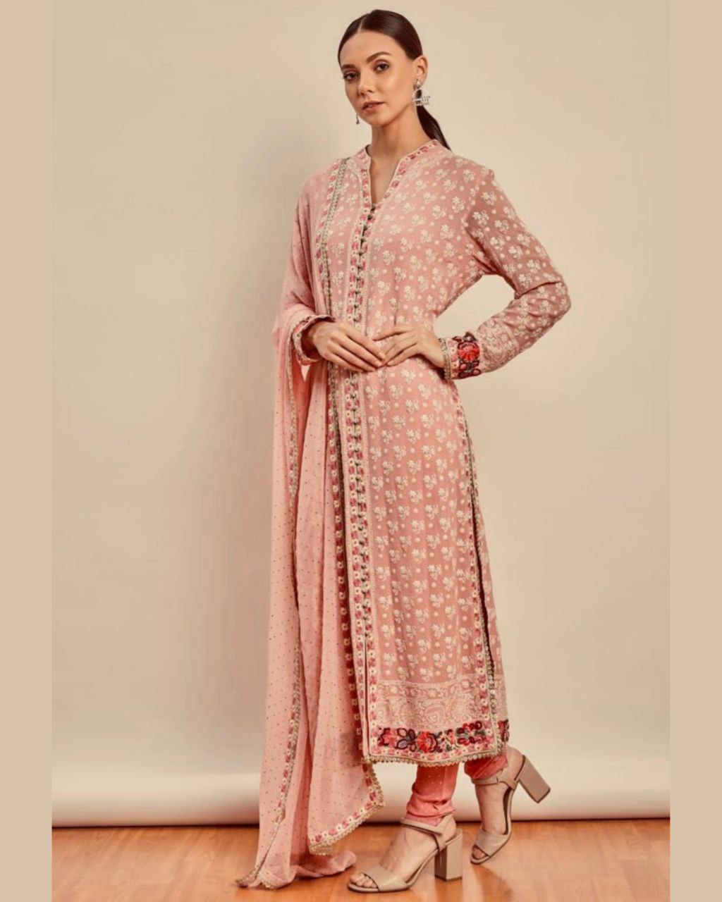 Ready To Wear Pink Embroidered And Floral Borders In Kurta Set, It Comes With Matching Dupatta And Churidar Pants.