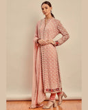Ready To Wear Pink Embroidered And Floral Borders In Kurta Set, It Comes With Matching Dupatta And Churidar Pants.