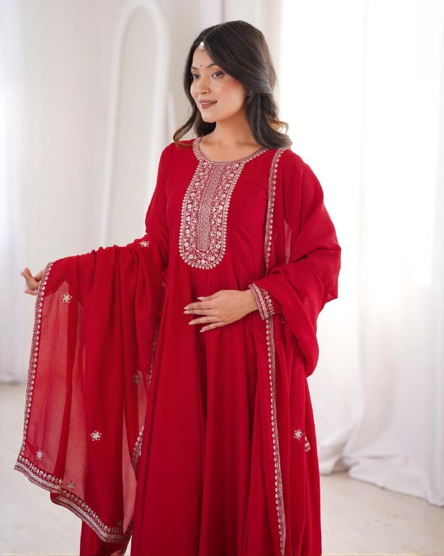 Ready To Wear Red Pure Vichitra Silk Full Kali Embroidery Gown Pant With Dupatta