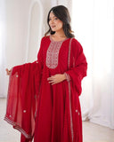 Ready To Wear Red Pure Vichitra Silk Full Kali Embroidery Gown Pant With Dupatta