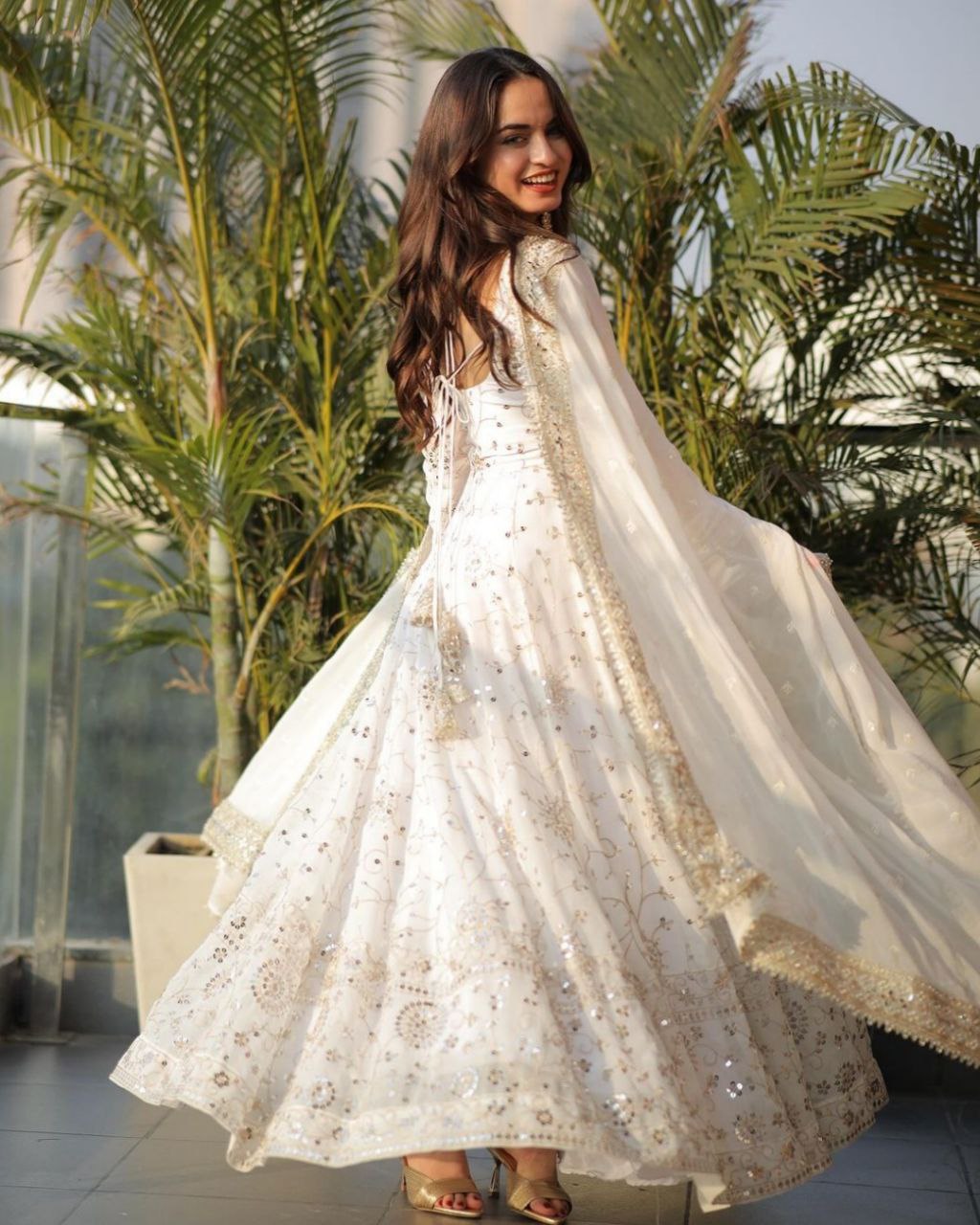 Ready To Wear White Pure Georgette Embroidery Work Anarkali Gown With Dupatta