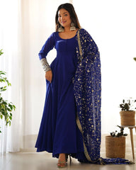 Ready To Wear Royal Blue Faux Georgette Sequence Work Anarkali Gown With Dupatta