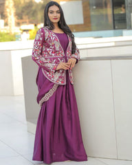 Designer Wine Premium Silk Embroidery Work Gown With Drapped Dupatta And Koti