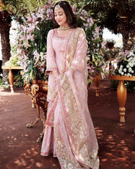 Designer Peach Pink Faux Georgette Embroidery Work Gharara Suit With Dupatta