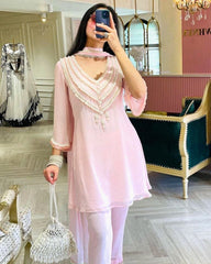 Ready To Wear Baby Pink Maslin Silk Heavy Lace Work Pant Suit With Dupatta