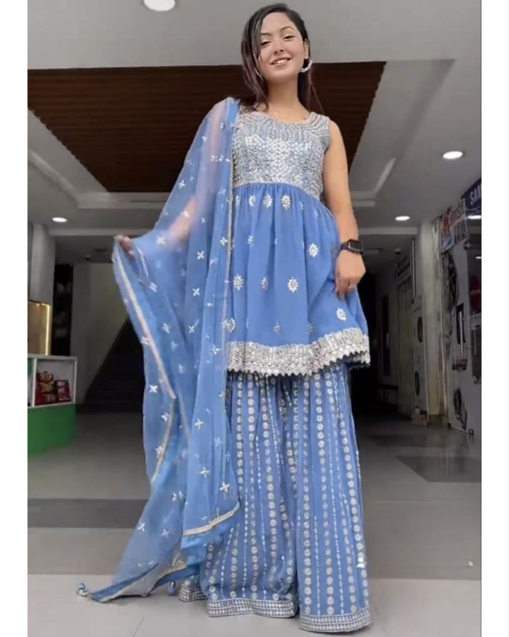 Ready To Wear Sky Blue Heavy Georgette Embroidery Work Sharara Suit With Dupatta