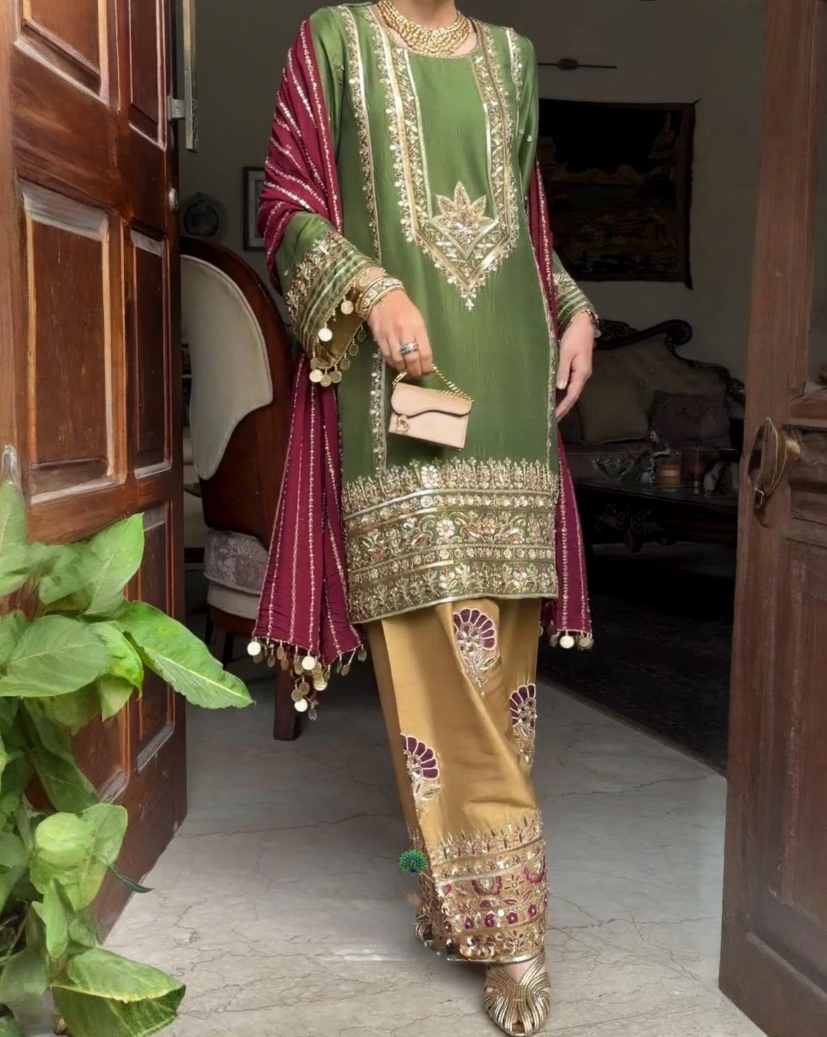 Ready To Wear Green Blue Mustard Heavy Natural Silk Embroidery Farshi Salwar Kurti With Dupatta