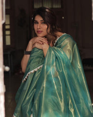 Designer Sea Green Tissue Silk Lace Work Saree With Blouse