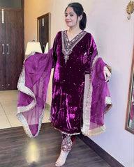 Ready To Wear Wine Micro Velvet Sequnce Work Pakistani Pant Suit With Dupatta