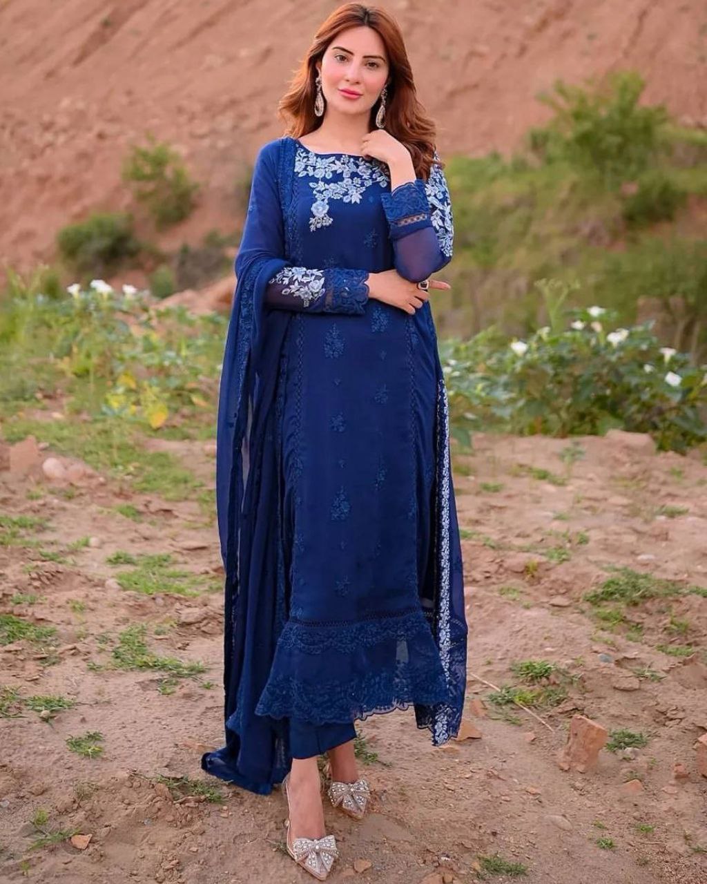 Ready To Wear Blue Pure Georgette Embroidery Work Pakistani Suit With Dupatta