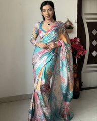 Designer Sea Green Crape Silk Multi Printed Saree With Blouse