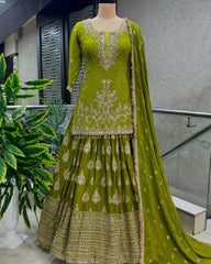 Designer Chinon Silk Embroidery Work Lehenga Top With Dupatta