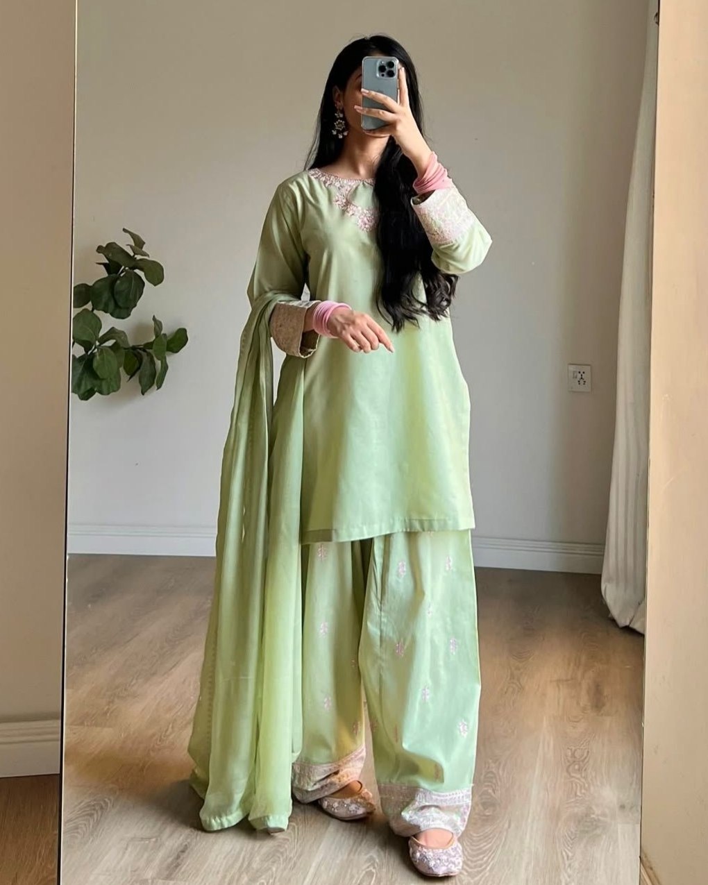 Ready To Wear Green Rayon Cotton Embroidery Farshi Salwar Kurti With Dupatta