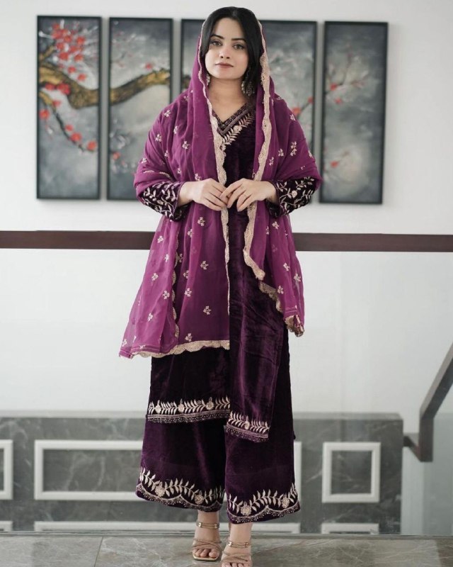 Designer Wine Micro Velvet Embroidery Work Plazzo Suit With Dupatta