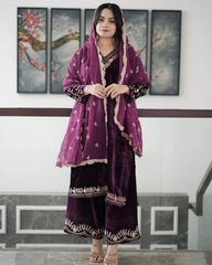 Designer Wine Micro Velvet Embroidery Work Plazzo Suit With Dupatta