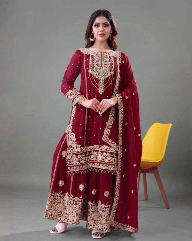 Ready To Wear Maroon Soft Georgette Sharara Suit With Dupatta