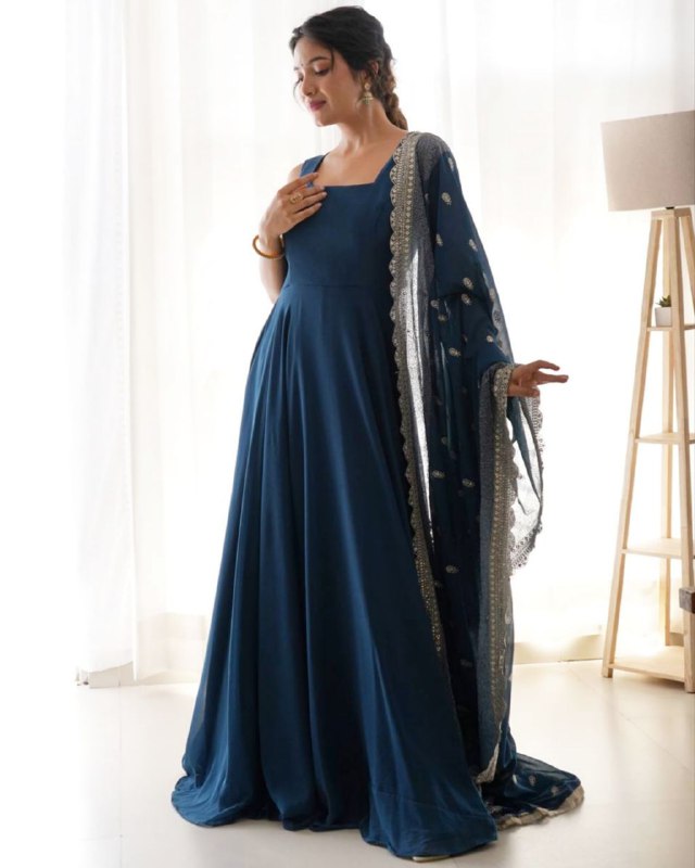 Ready To Wear Royel Blue Faux Georgette Jari Work Anarkali Gown With Dupatta